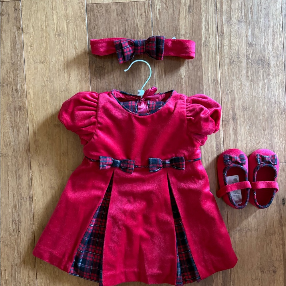 Infant Holiday Red Plaid Dress with matching Bow Headband and Shoes